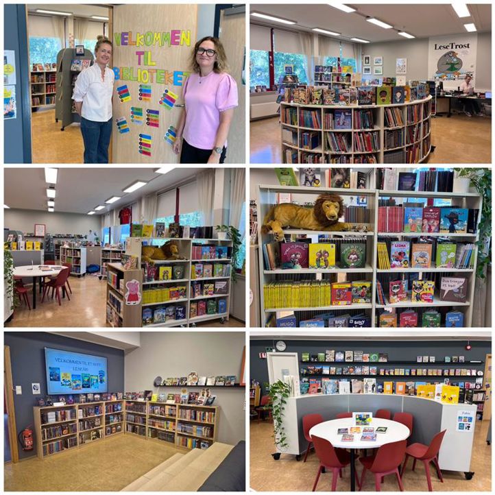 en collage av en person i et bibliotek