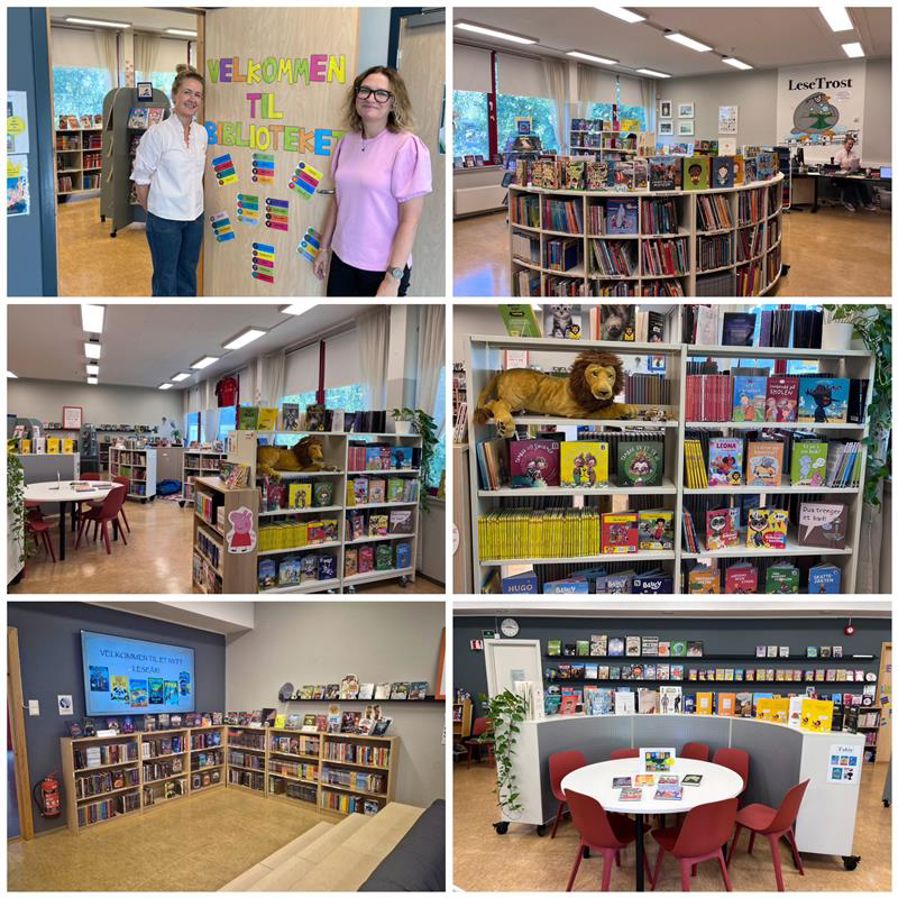 en collage av en person i et bibliotek